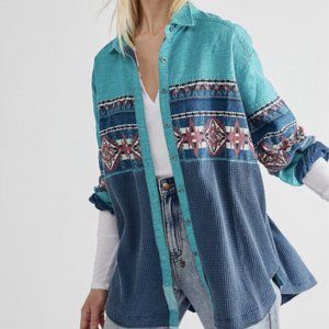 Free People Badlands Denim Mix Shirt Button Front Relaxed Size XS